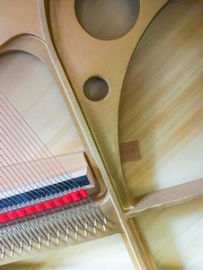 The iron frame and solid spruce soundboard of a Petrof Piano.