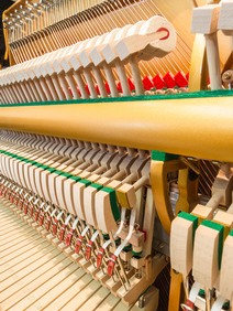 Side view of a piano action and hammers in a Ritmuller piano