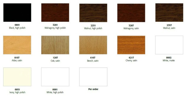 An example of all the wood finishes available from Petrof Pianos